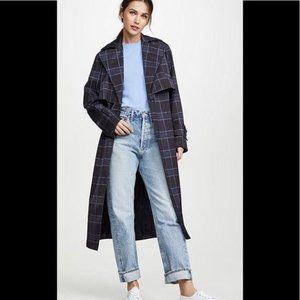 VINCE Plaid 3/4 Length Blue Trench Coat NWT